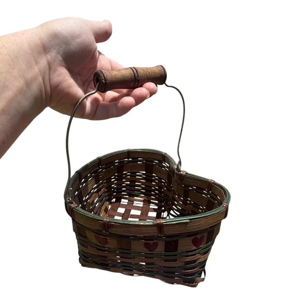 Vintage Heart Shaped Woven Basket Wood Handle Primitive Farmhouse Cottage Decor